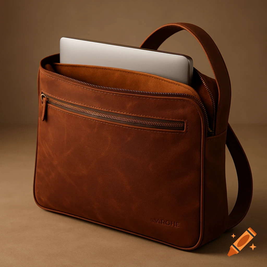 A rustic brown leather shoulder bag with a laptop inside, a front zipper pocket, and the brand name 'MARCHE' embossed.