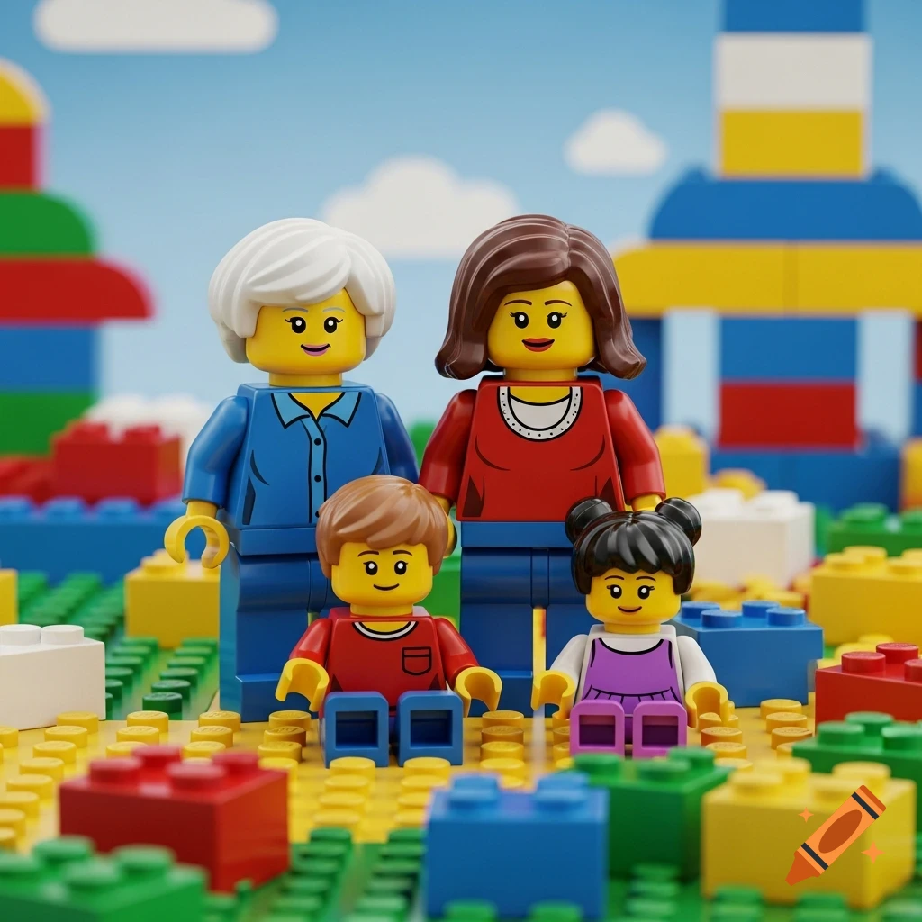A family of four Lego figures, including a grandmother, mother, son, and daughter, stand on a green Lego baseplate.