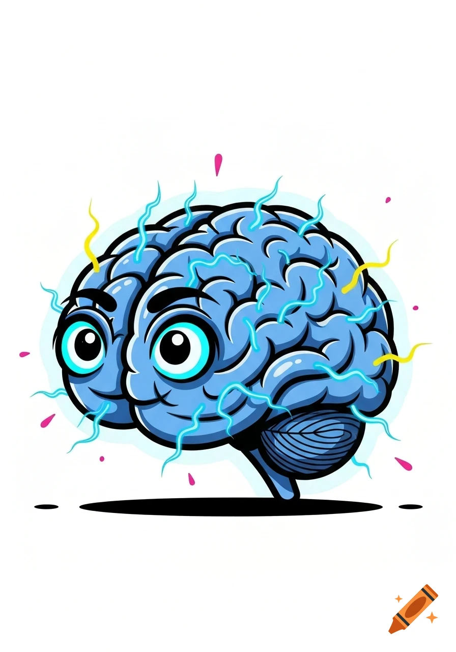Cartoon illustration of a blue human brain with large mischievous eyes and mouth, surrounded by glowing light blue neurons and yellow and pink sparks.