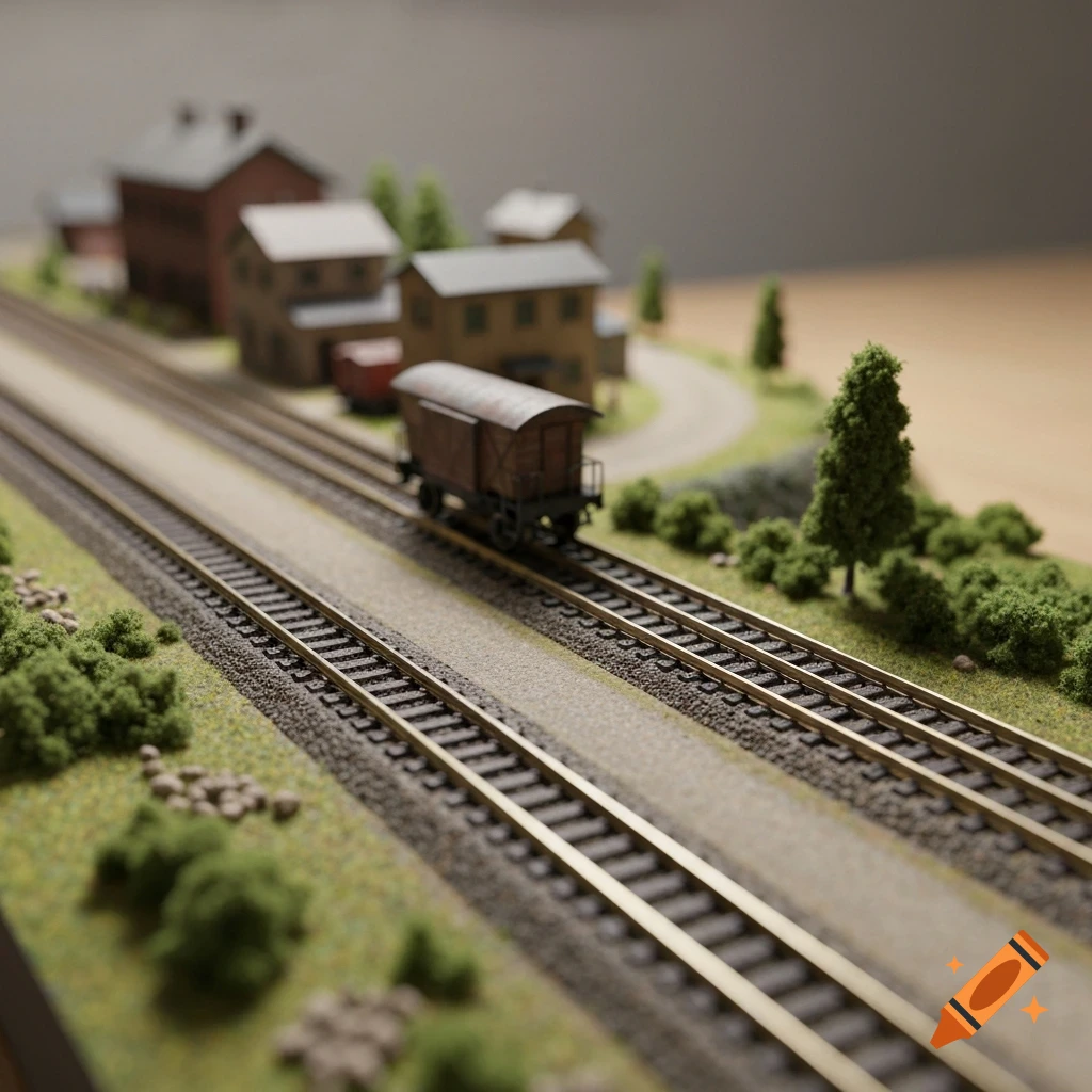 A detailed model train layout featuring tracks, a brown train car, miniature buildings, and trees, captured with a shallow depth of field.