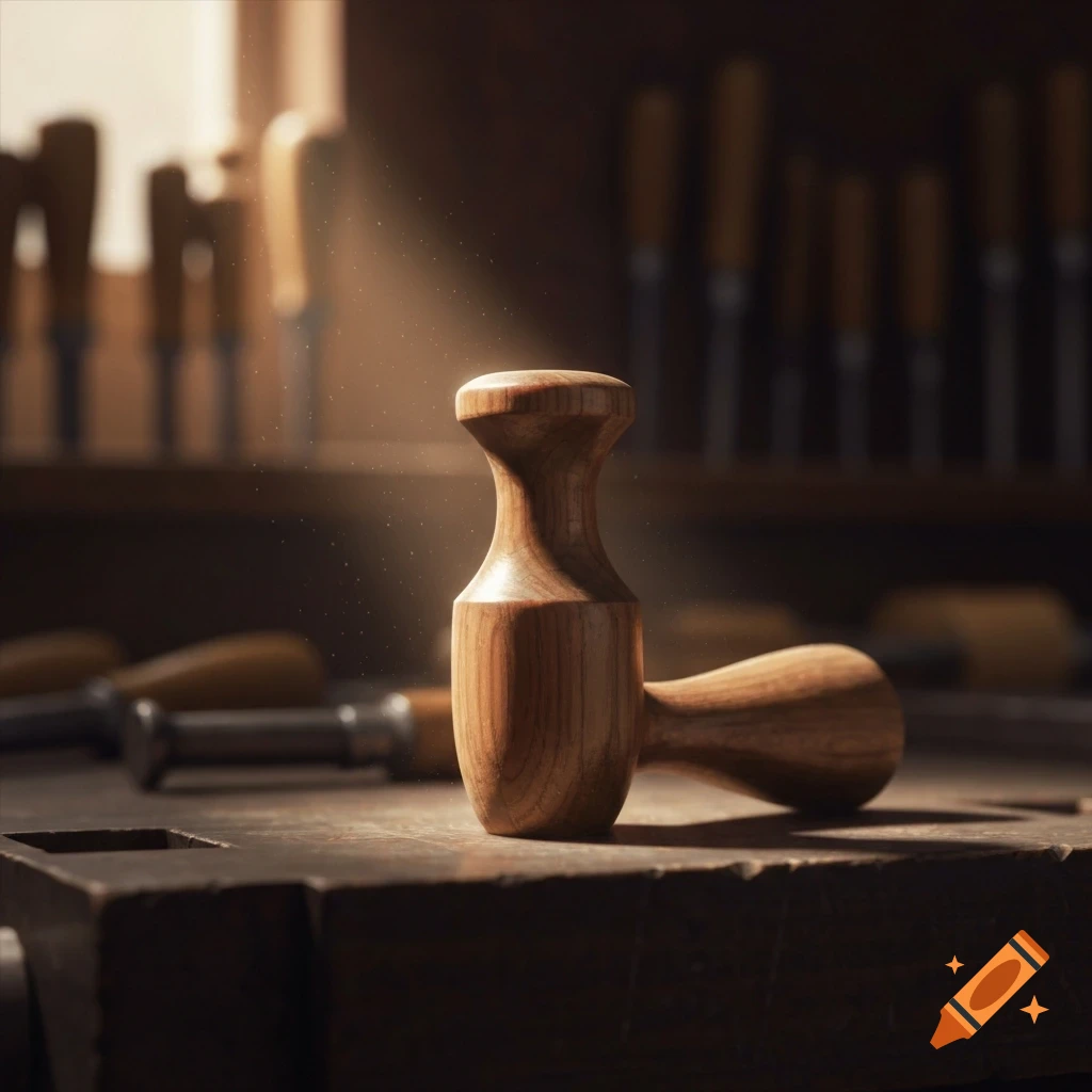 A photorealistic image of a wooden mallet on a workbench in a dusty woodworking shop, with blurred tools in the background.