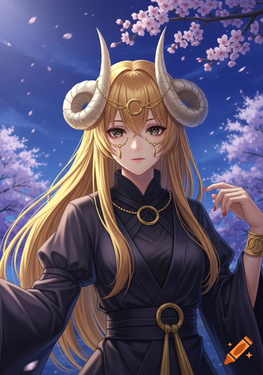 Anime girl with long blonde hair, ram-like horns, golden facial jewelry and rings, wearing a black robe, under pink cherry blossoms against a blue sky.