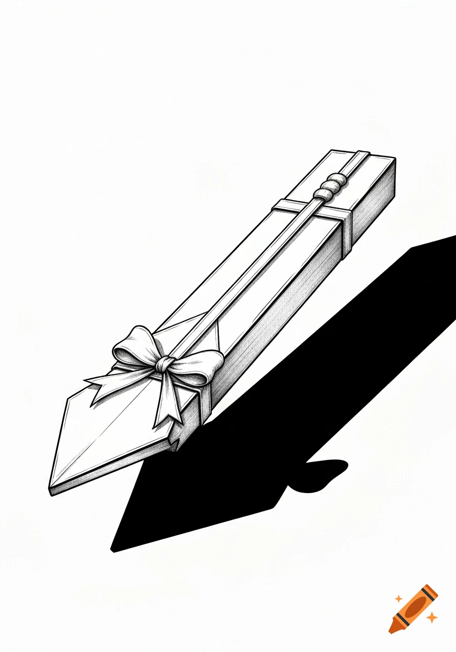 Black and white drawing of an arrow-shaped gift package with a bow, casting a shadow.