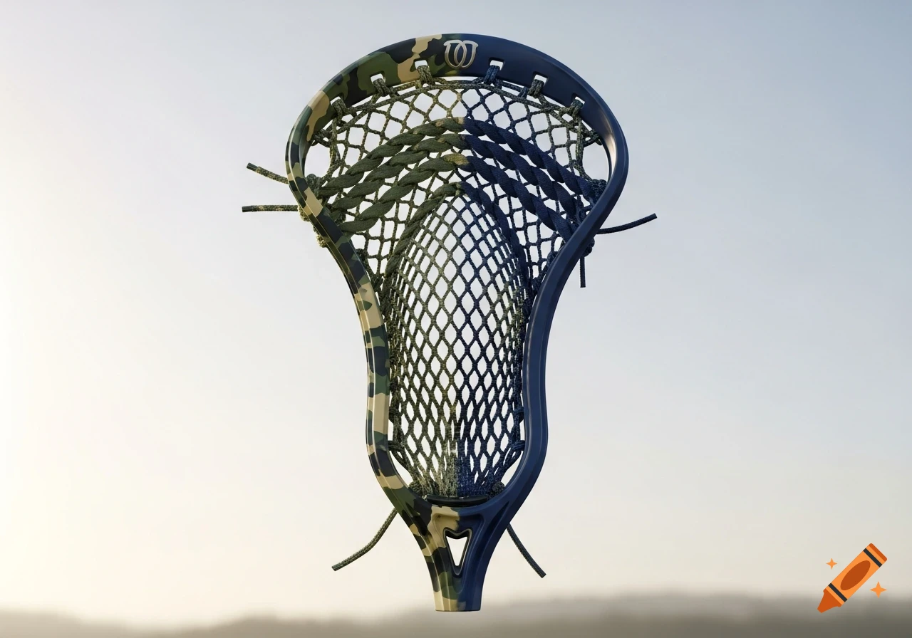 A close-up, low-angle shot of a lacrosse head with a camouflage pattern blending into navy blue, featuring a 'W' logo at the top.