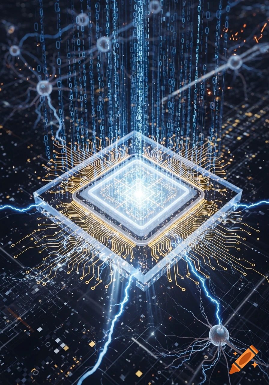 A glowing, square processor on a circuit board with binary code streaming down and electric arcs, flanked by neuron-like structures.