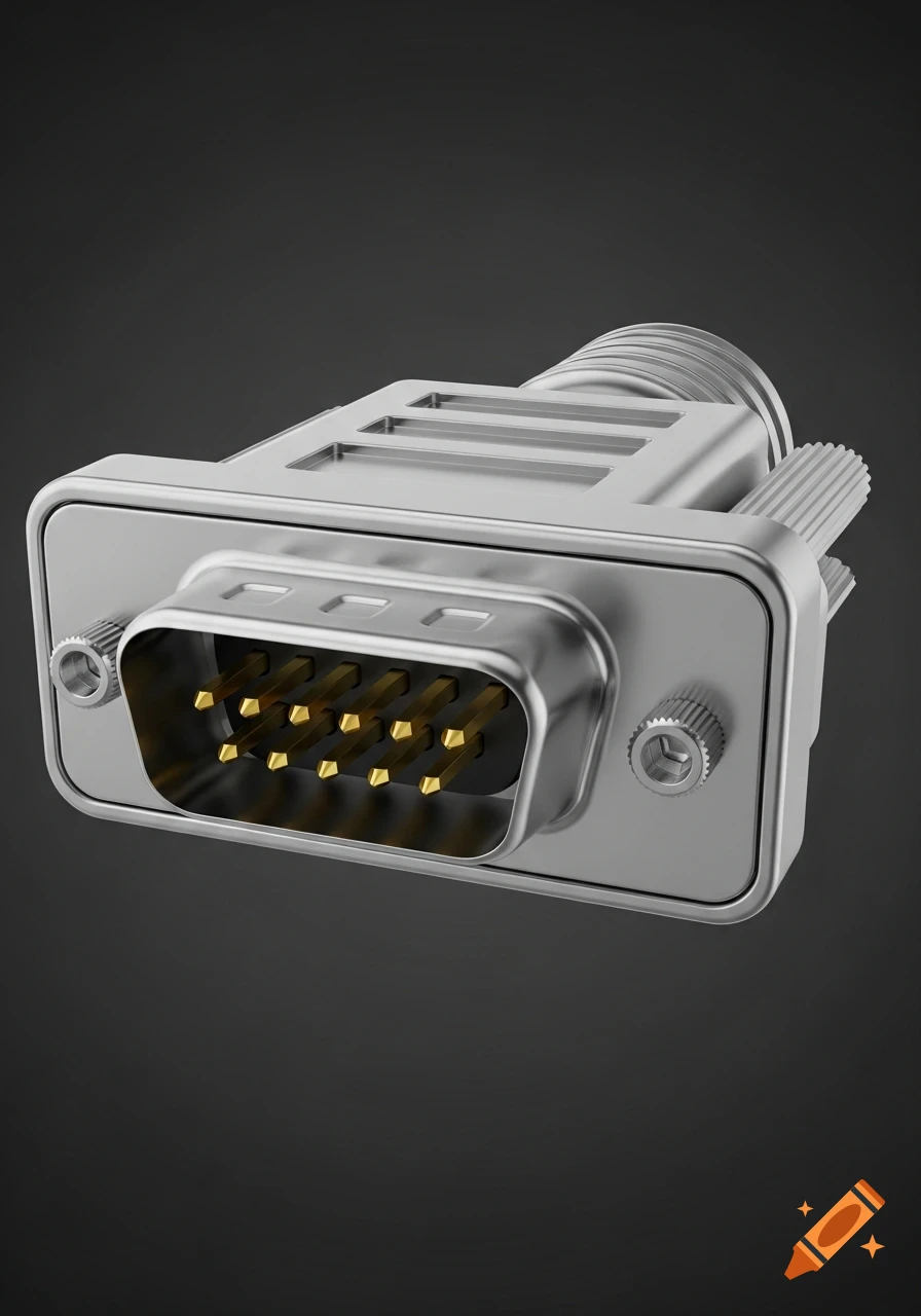 A close-up, angled shot of a metallic D-SUB DB25 female serial connector with gold-plated pins on a dark gray background.