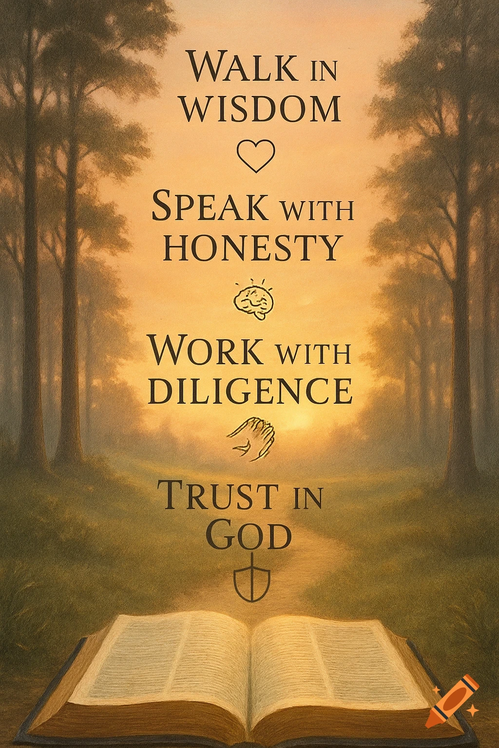 An open Bible at the base of a path through misty trees at sunrise, with inspirational text about wisdom, honesty, diligence, and trust in God.