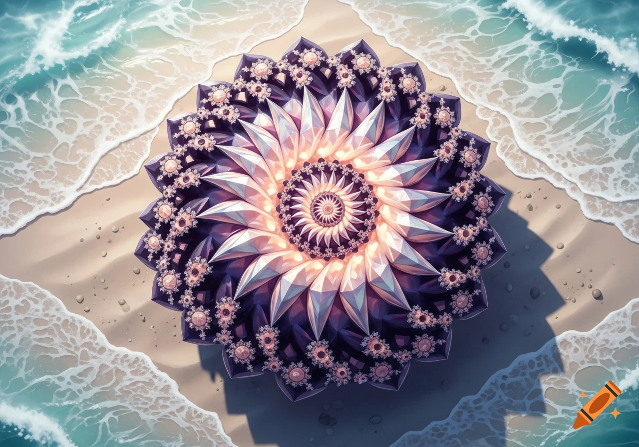 An intricate purple, cream, and peach crystal fractal shell rests on a sandy beach, surrounded by frothy ocean waves.