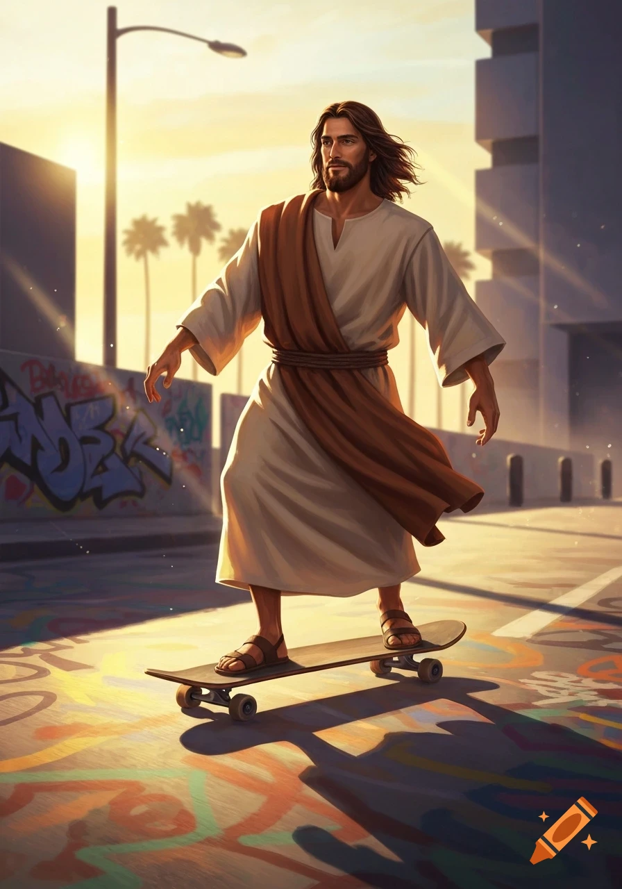 A photorealistic painting of Jesus Christ with long hair and a beard, wearing a white robe and brown sash, riding a skateboard on a city street with graffiti walls and palm trees at sunset.