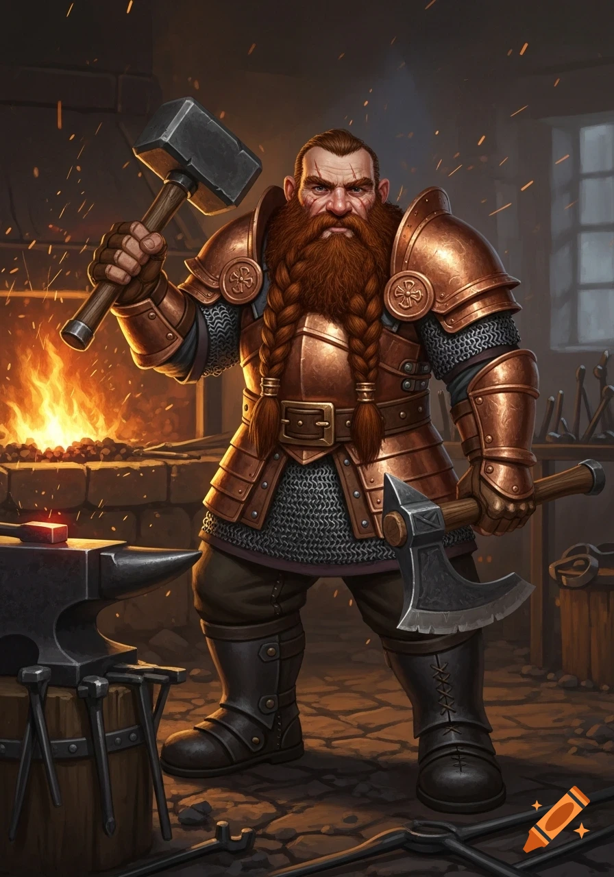 A formidable dwarf blacksmith in armor holds a large hammer and an axe in a glowing forge.