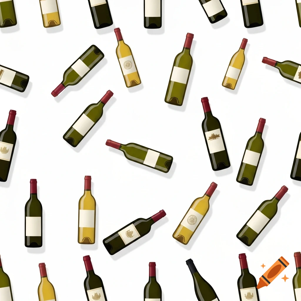 Seamless pattern of scattered dark and light green wine bottles with labels on a white background.