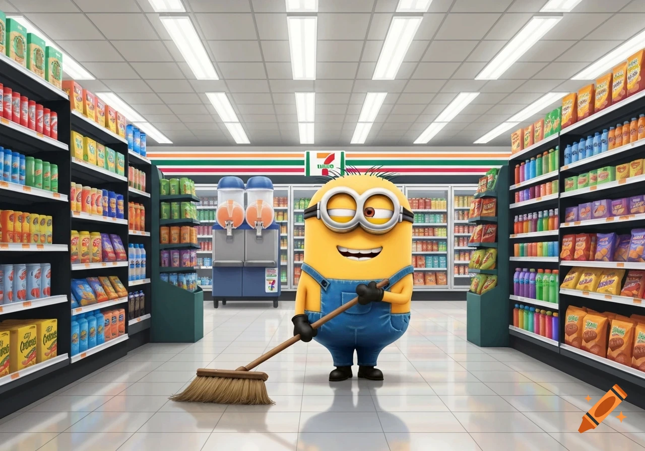 A 3D animated Minion character wearing blue overalls and black gloves, holding a broom, standing in the aisle of a brightly lit 7-Eleven convenience store.