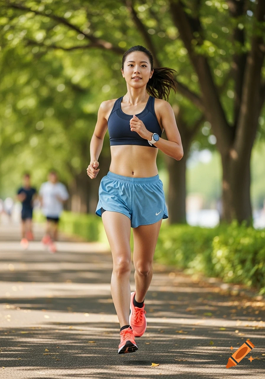 A young Japanese woman runs on a shaded path, wearing a sports bra, blue shorts, and pink running shoes.