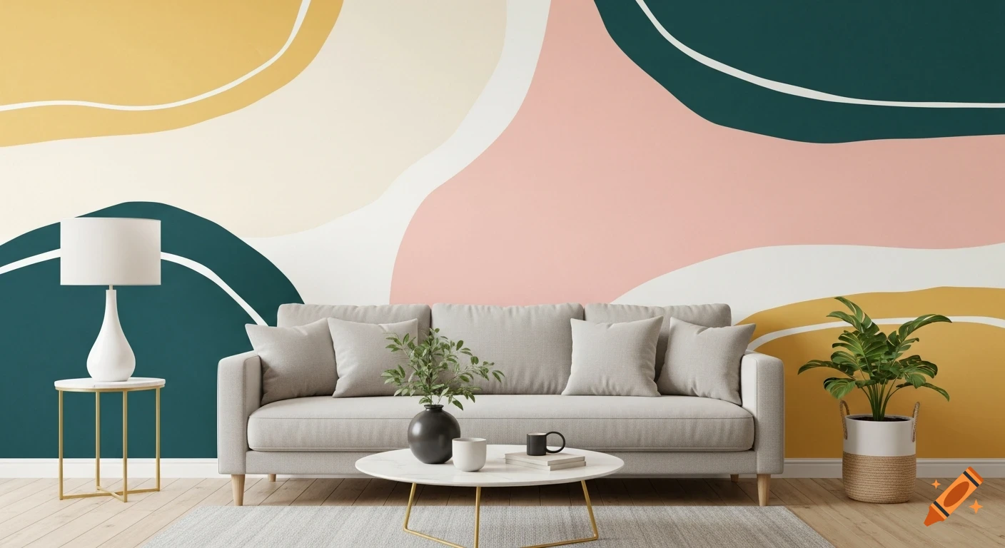 A modern living room with a light grey sofa against a wall painted with an abstract mural in cream, pink, yellow, and teal organic shapes. A lamp and plants flank the sofa.