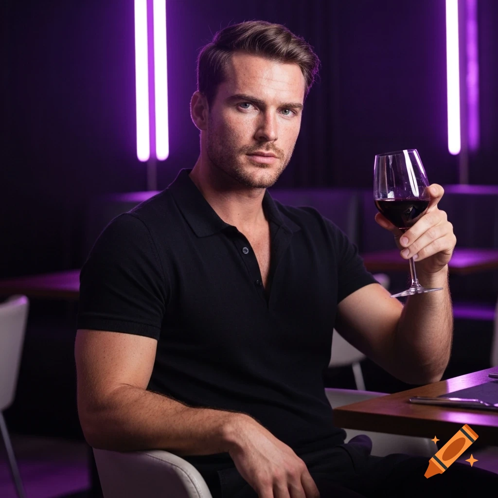 Photorealistic image of a handsome man in a black polo shirt, sitting at a table in an upscale club with purple neon lights, holding a red wine glass.