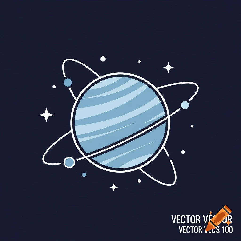 A cartoon-style blue planet with rings and small moons, set against a dark blue background with stars.