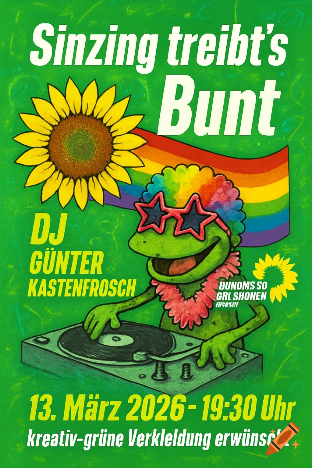 A vibrant green poster with a cartoon frog DJing, wearing a rainbow afro wig and star-shaped glasses, next to a sunflower and a rainbow flag. Various German texts announce a party.