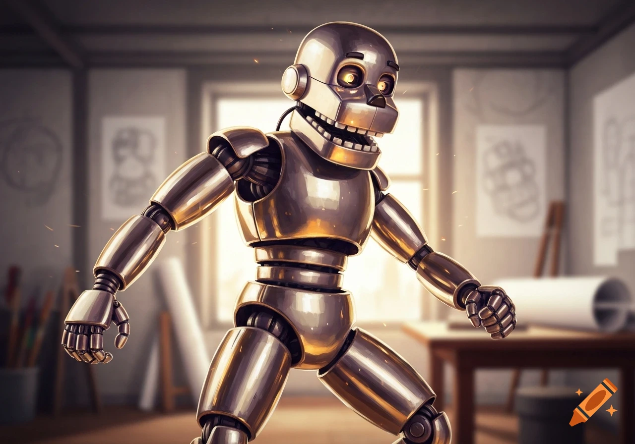 A gleaming golden metallic animatronic robot with glowing orange eyes and a wide grin stands in an artist's studio.