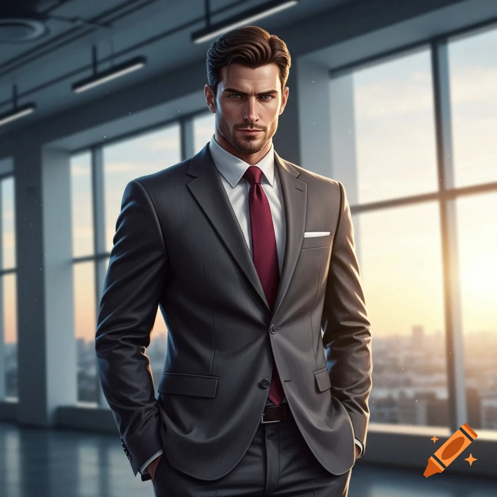A stylish man in a dark suit with a red tie stands confidently in a modern office with large windows overlooking a city skyline.