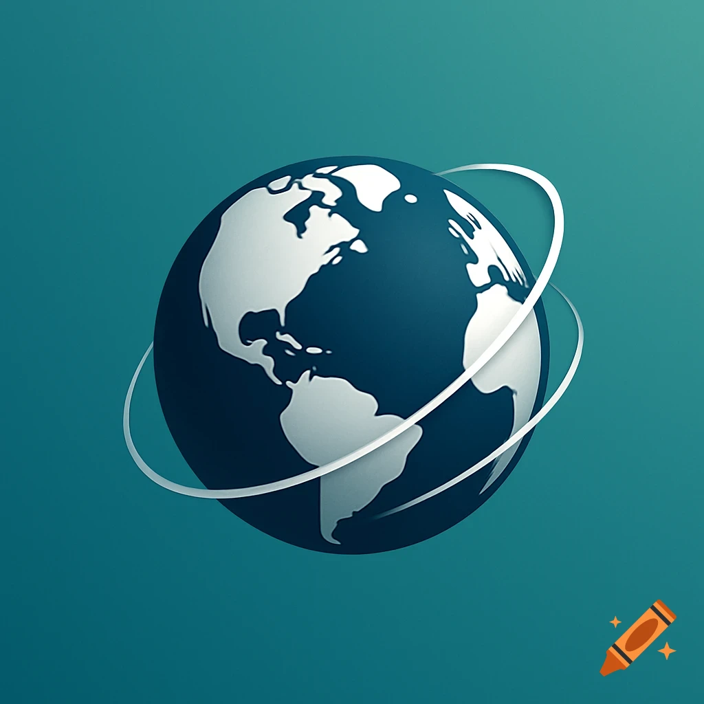 A minimalist blue and white globe with white orbits, set against a teal background, styled as a business logo.