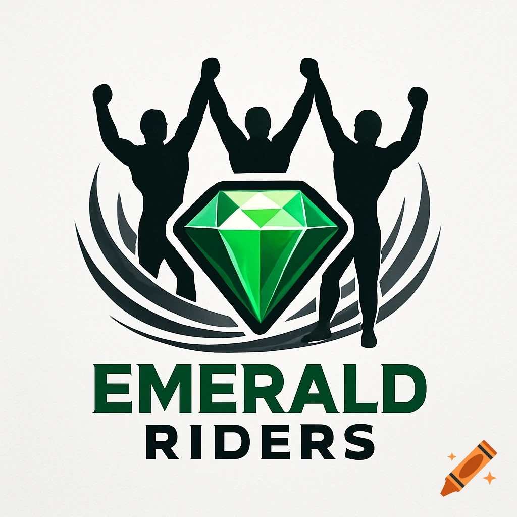 A wrestling logo featuring three muscular male silhouettes with raised arms behind a large green emerald, above the text 'EMERALD RIDERS'.