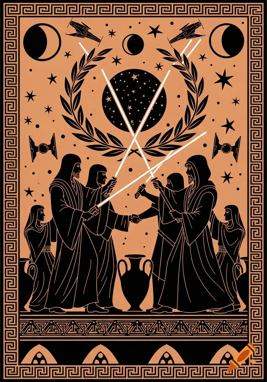 Star Wars scene depicted in ancient Greek pottery style, featuring robed figures with lightsabers, X-wings, and Tie fighters.