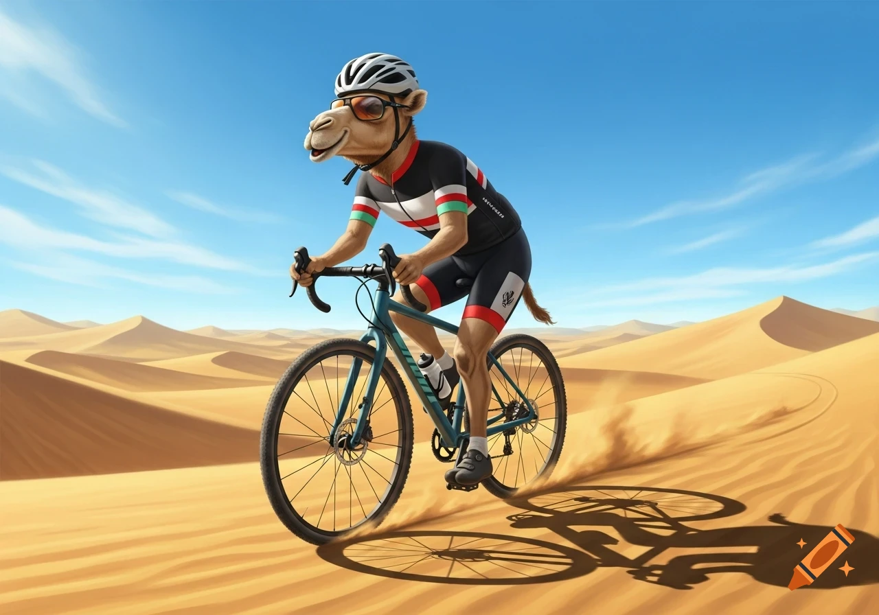 A friendly anthropomorphic camel in black, red, white, and mint green cycling gear rides a bicycle through a sandy desert landscape under a clear blue sky.