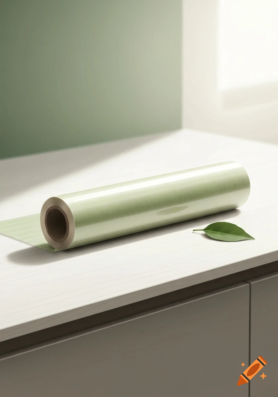 A roll of light green compostable cling film with a brown core sits on a white counter next to a green leaf.