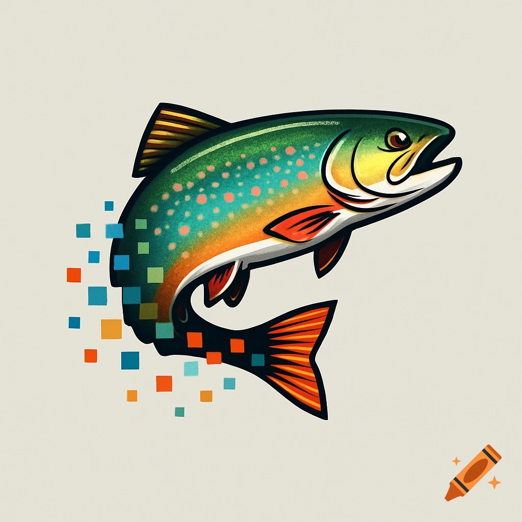 A stylized brook trout logo with its tail and lower body transforming into colorful pixels against a light background.