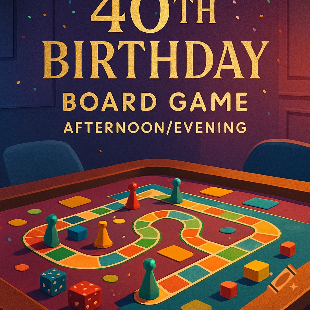 An illustrated invitation for a 40th birthday board game afternoon/evening, featuring game pieces and dice on a board.