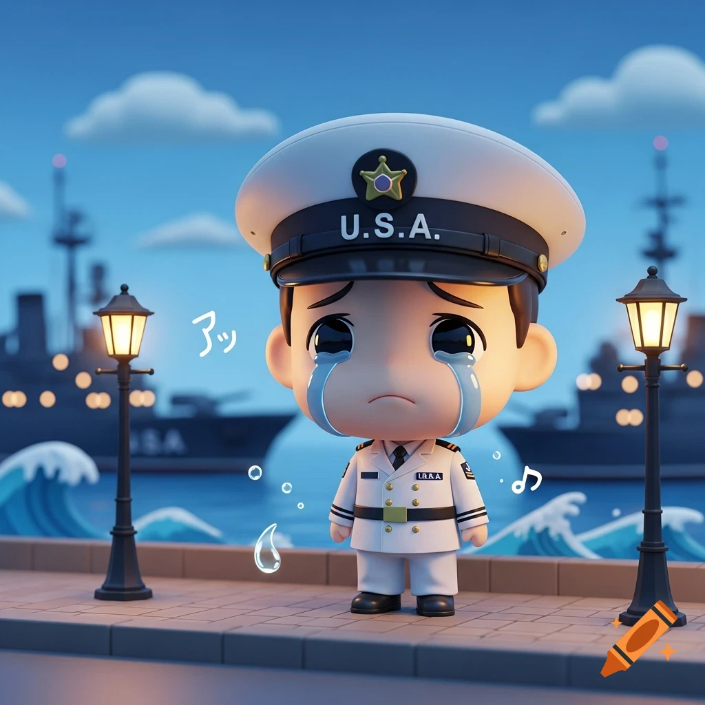 A crying chibi-style maritime soldier in a white uniform and hat, standing on a dock with a harbor and ships in the background.