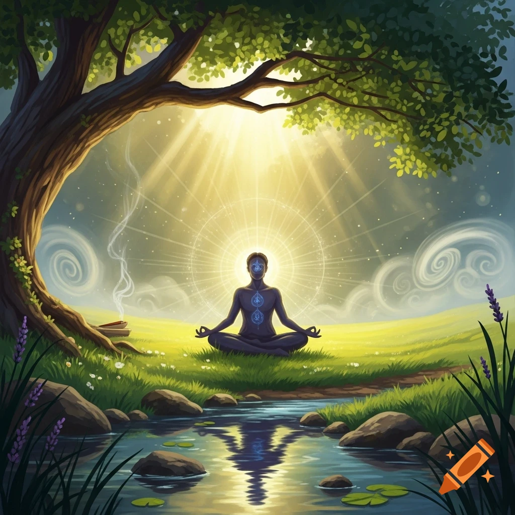 A stylized figure meditates in a lotus position under a large tree, illuminated by sunbeams, beside a calm stream in a lush green landscape.