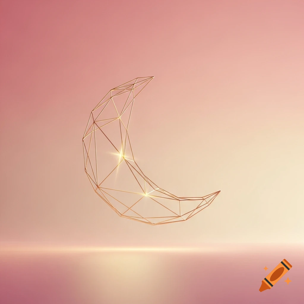 A glowing geometric golden crescent moon floats above a reflective surface against a soft gradient pink and cream background.