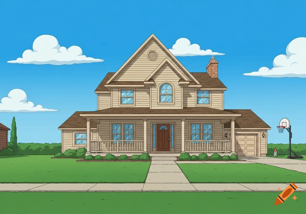Cartoon illustration of a two-story house with a front porch, a basketball hoop in the driveway, and a gnome on the lawn under a blue sky.