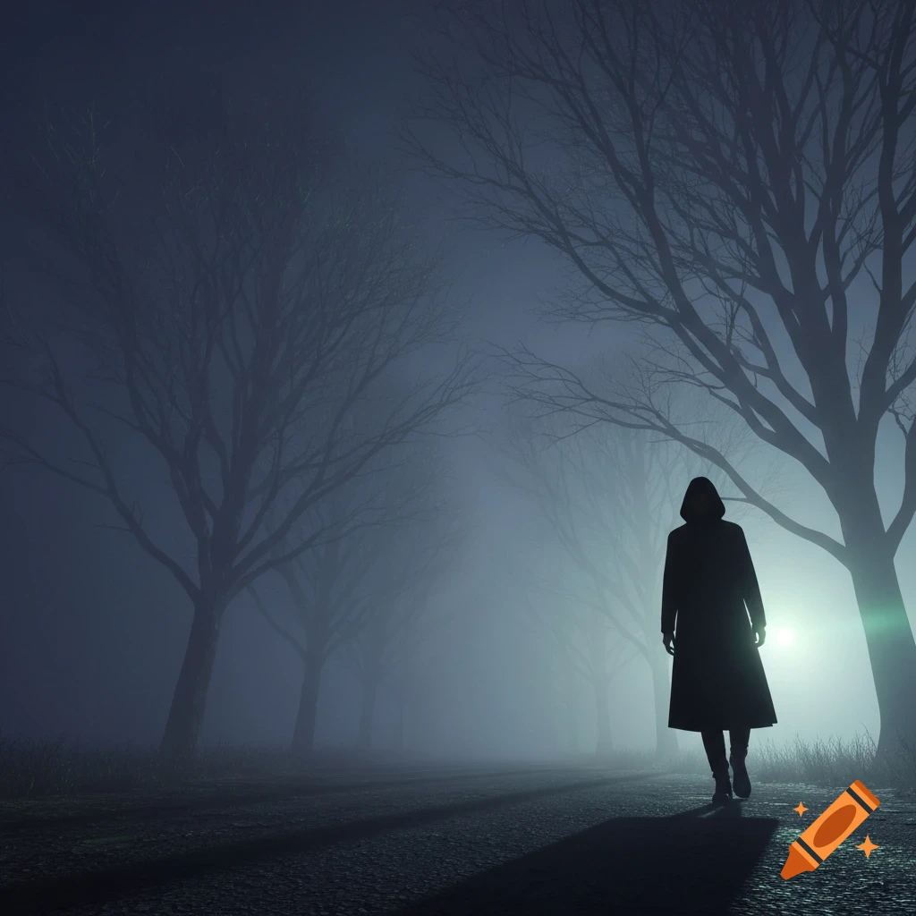A silhouetted figure in a hooded cloak walks on a dark, foggy path lined with bare trees, lit by a bright glow.