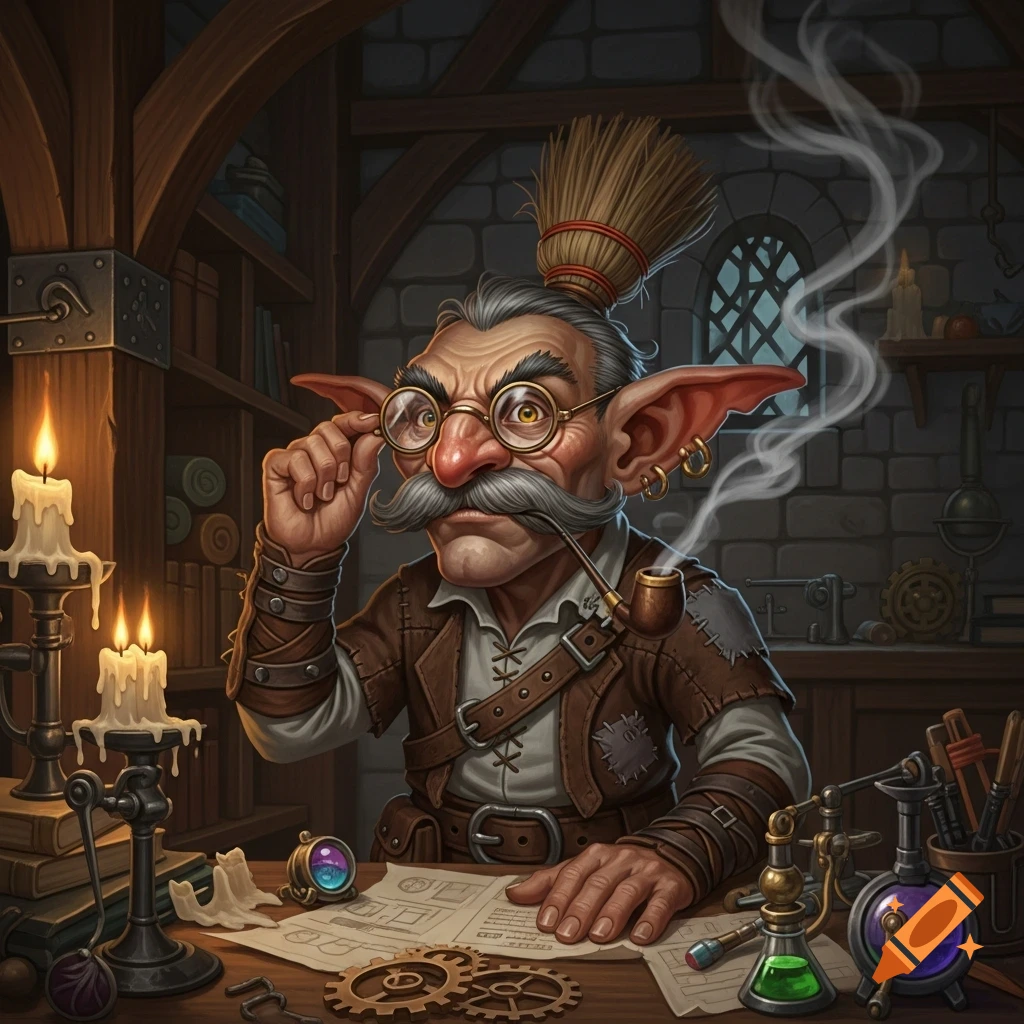 A detailed illustration of a wise old goblin with glasses, a pushbroom mustache, and a broom on his head, sitting at a cluttered workshop desk.