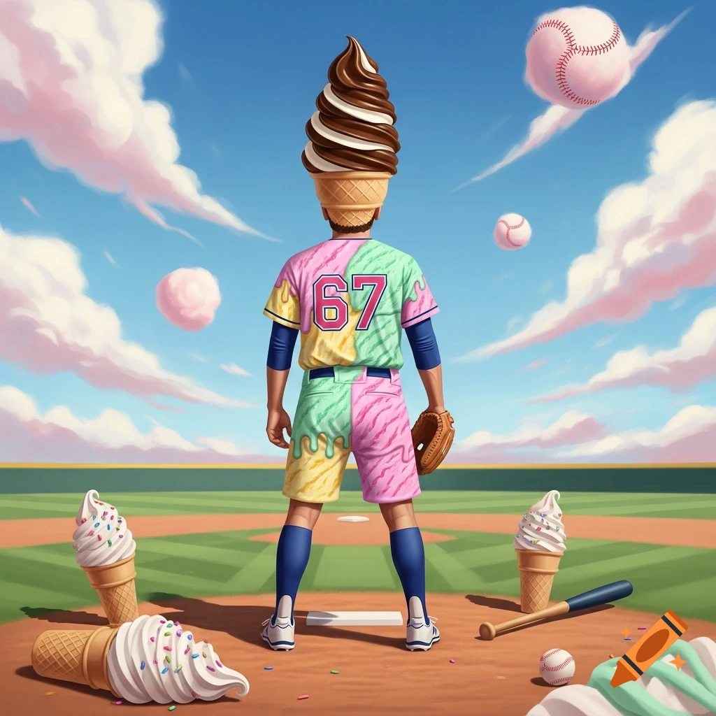 A whimsical baseball player with an ice cream cone hat, melting ice cream uniform, and number 67 on a field, surrounded by ice cream cones and baseballs.