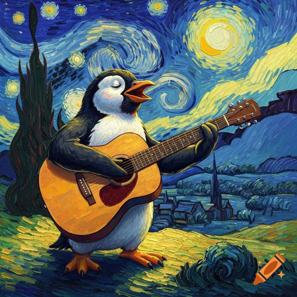 A whimsical penguin sings and plays an acoustic guitar under a vibrant, swirling Van Gogh-style starry night sky.