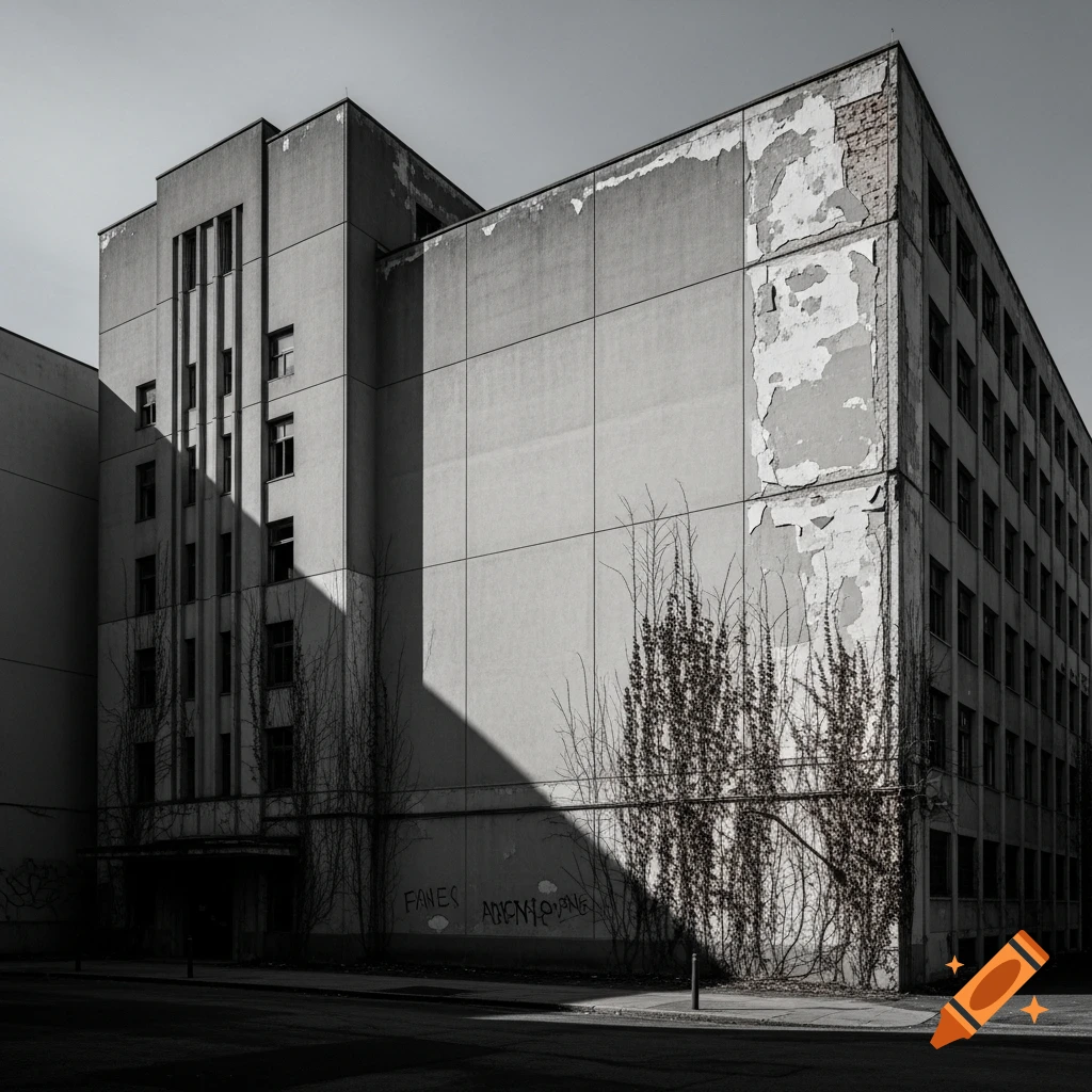 A black and white photograph of a large, imposing brutalist building with peeling paint and bare vines growing up its side, casting deep shadows.