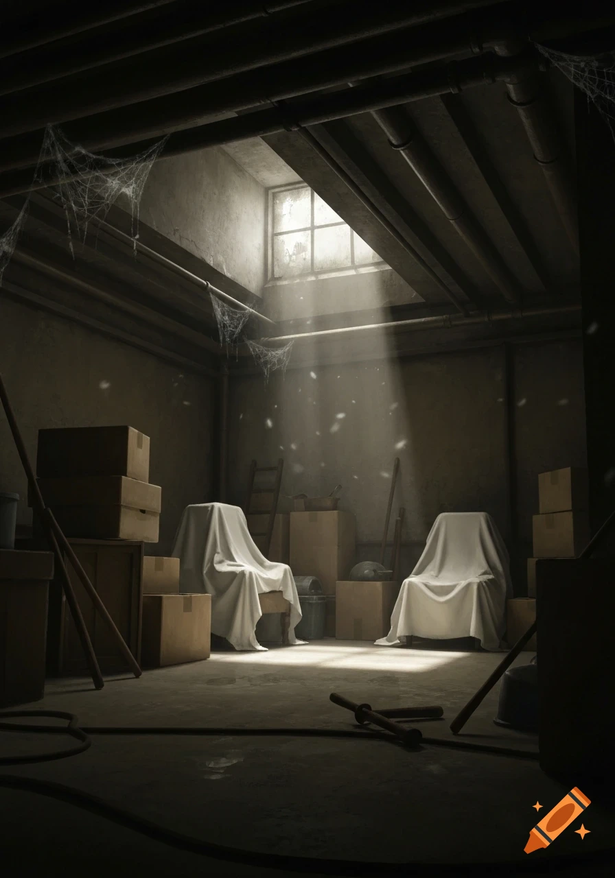 Dark, dusty basement with stacked boxes, two chairs covered in white sheets, and spiderwebs. A window lets in a light beam.