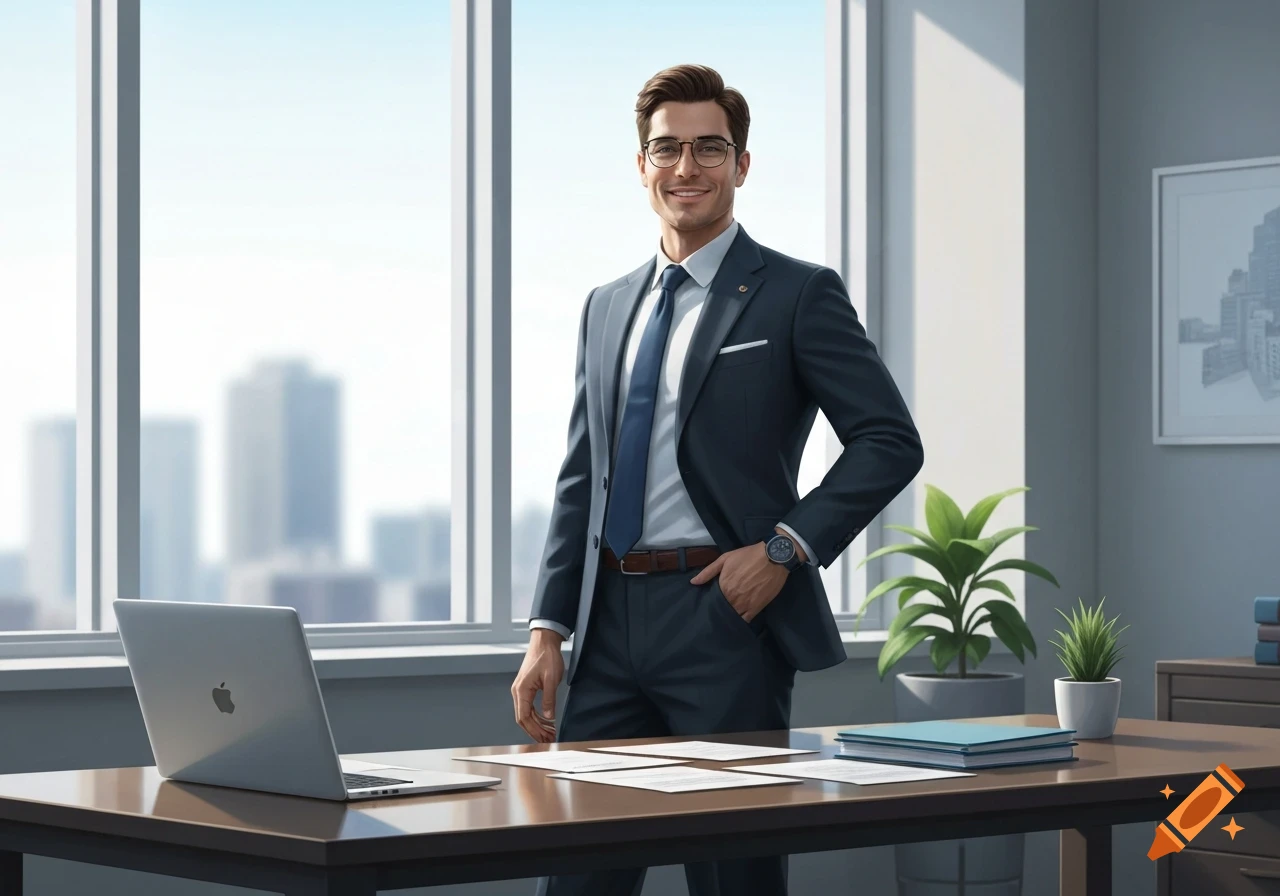A smiling businessman in a suit stands in a modern office, a laptop and documents on his desk.