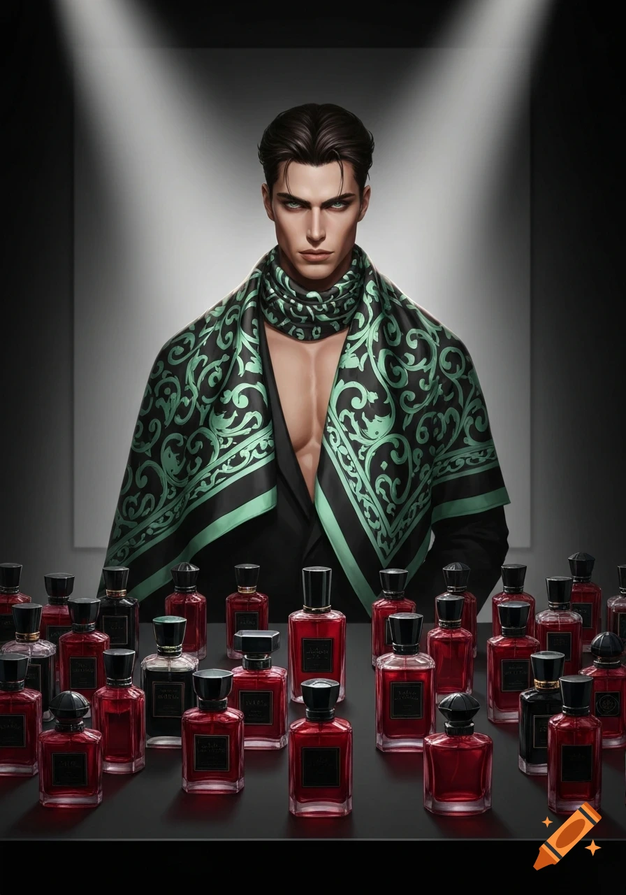 A stylized, handsome man in a black jacket and a green and black patterned scarf, surrounded by numerous red and black perfume bottles.