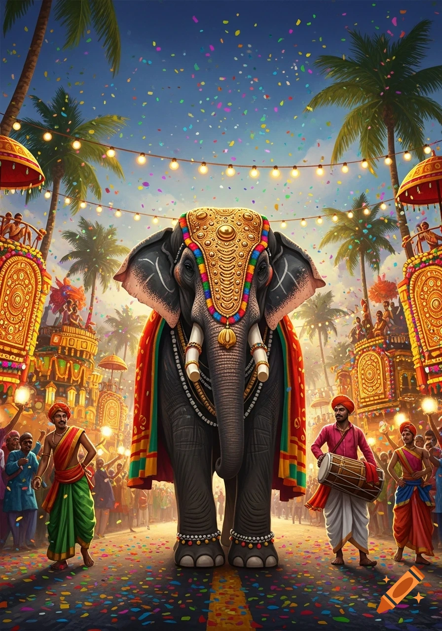 Vibrant illustration of a decorated Indian elephant in a lively festival parade with people, palm trees, and confetti raining down.