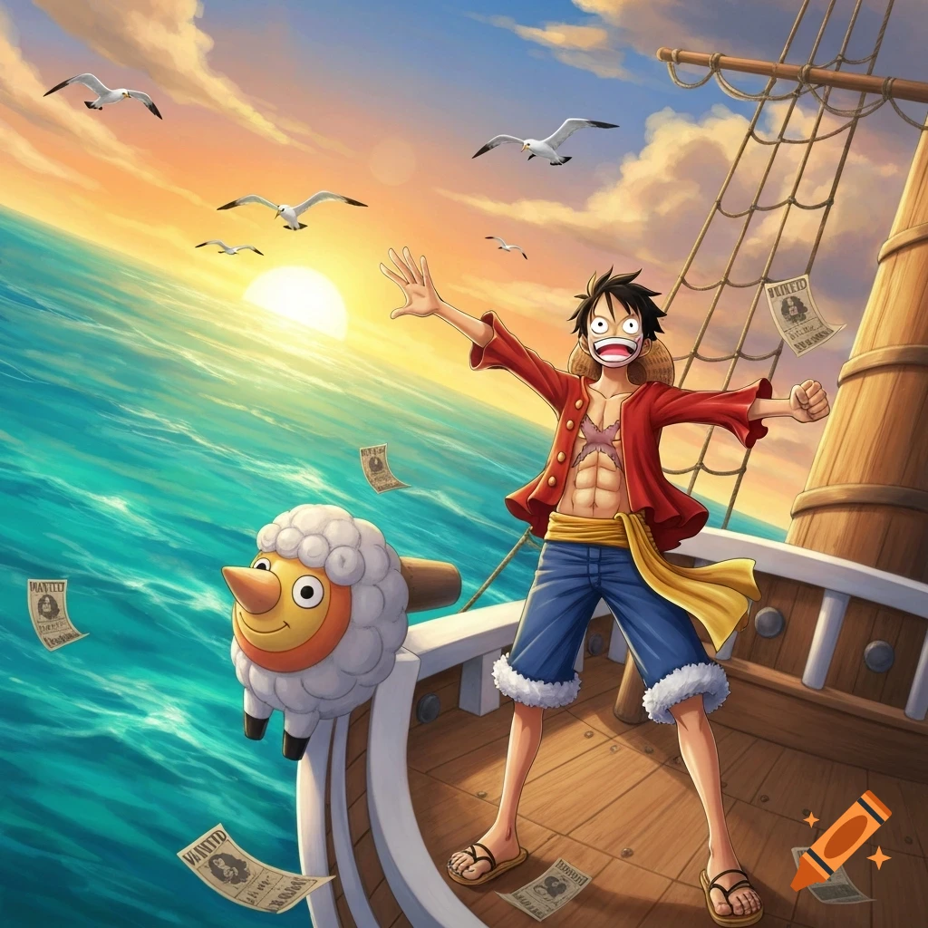 Luffy from One Piece stands on a ship's deck at sunset, raising his arms, with wanted posters scattered around and a sheep figure beside him. Seagulls fly overhead.