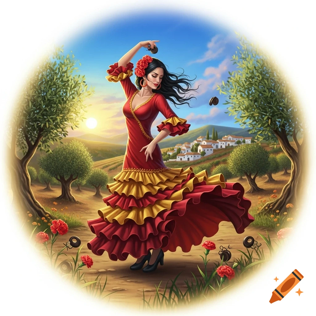 A woman in a vibrant red and yellow flamenco dress dances in a field with olive trees, a village, and a sunset in the background.