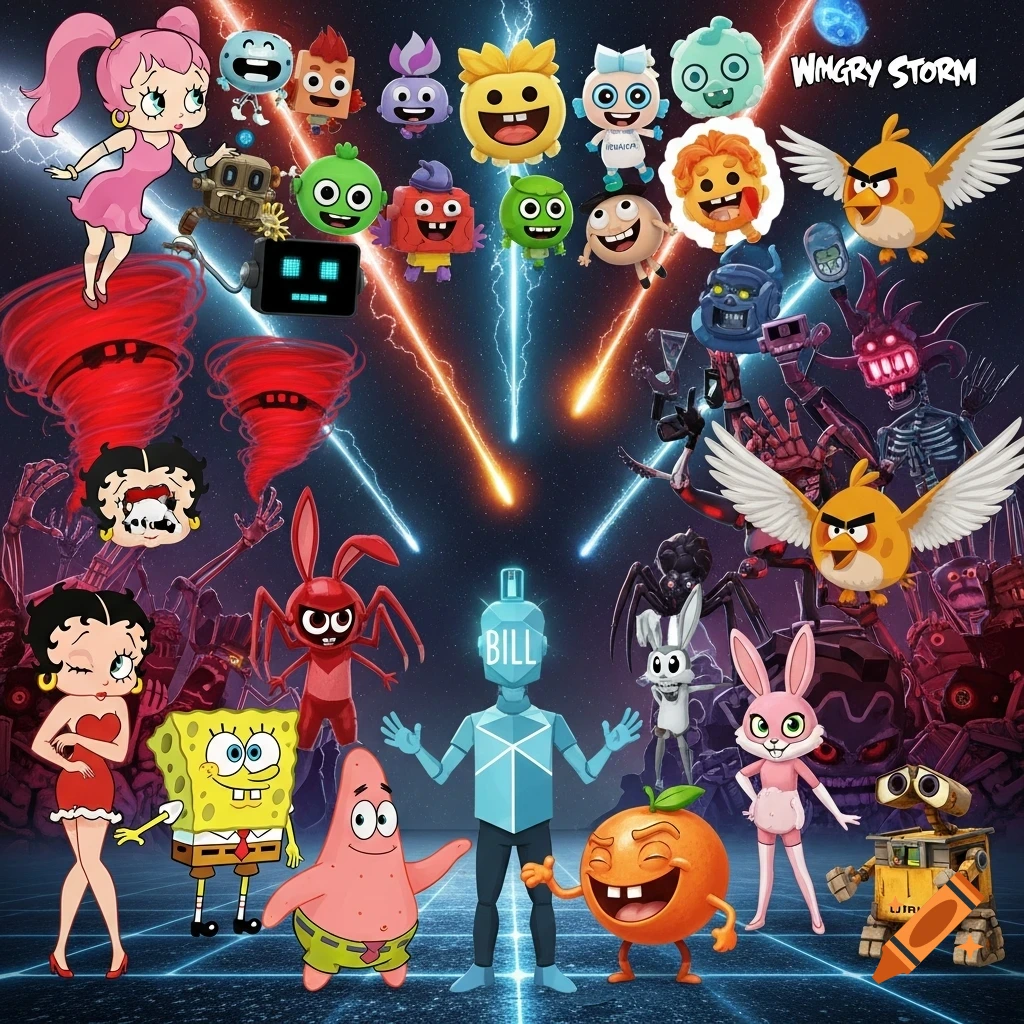 A busy cartoon crossover image featuring characters like Betty Boop, SpongeBob, Patrick, WALL-E, Angry Birds, and others against a cosmic background with energy beams and abstract skeletal figures.