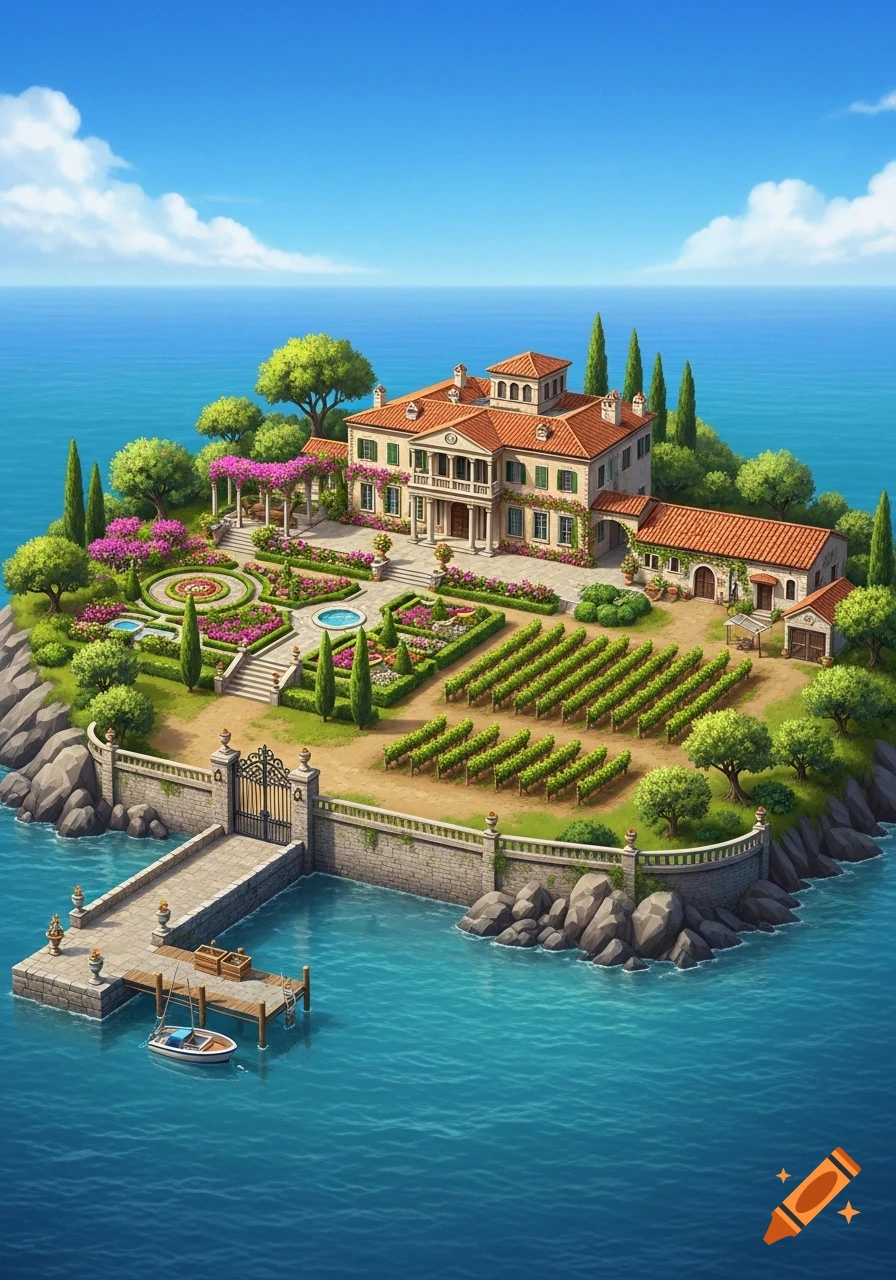 An isometric illustration of an Italian Renaissance villa on a small island, featuring lush gardens, vineyards, and a private dock.