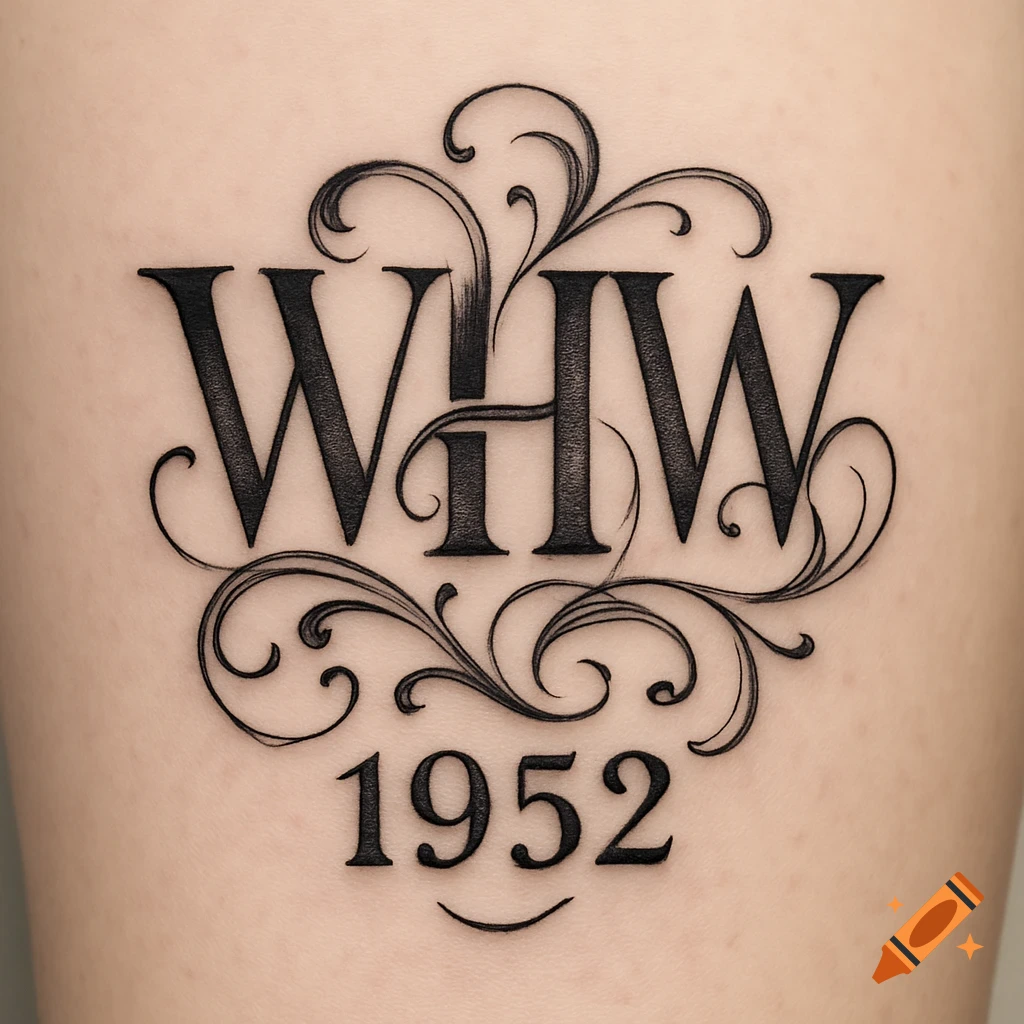 Black ink tattoo of ornate initials WHW with decorative swirls and the year 1952 on skin.