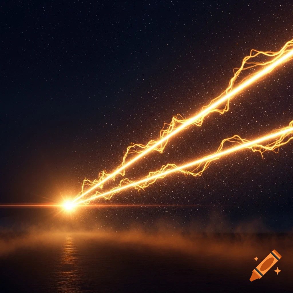 Two bright, wavy orange laser beams shoot from a glowing horizon into a dark, starry sky with a misty foreground.