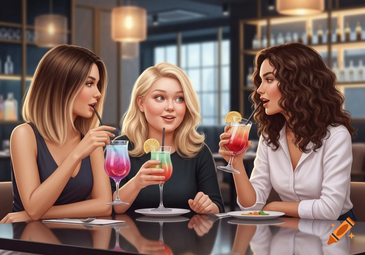 Three young women with varying hairstyles enjoy colorful cocktails at a sleek restaurant bar.